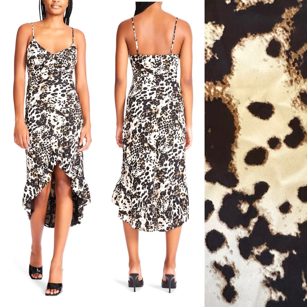 Betsey Johnson Black Snow Leopard Printed Charmeuse High-Low Dress size 6
